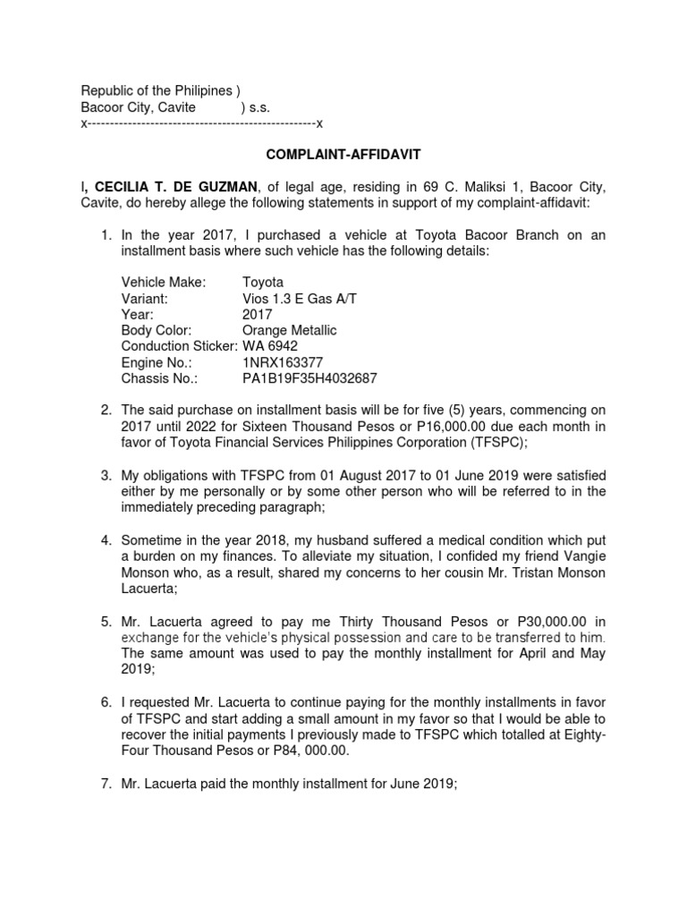 Complaint-Affidavit for Carnapping Case | PDF | Justice | Crime & Violence