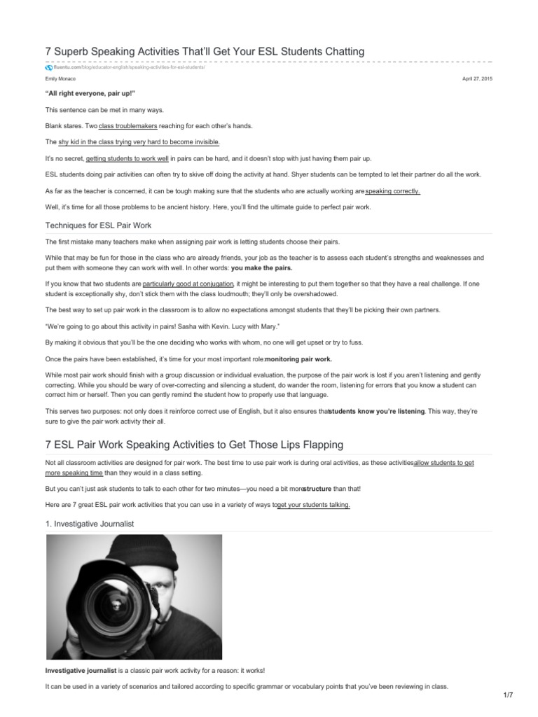 Engaging ESL Pair Speaking Activities | PDF | English As A Second Or ...