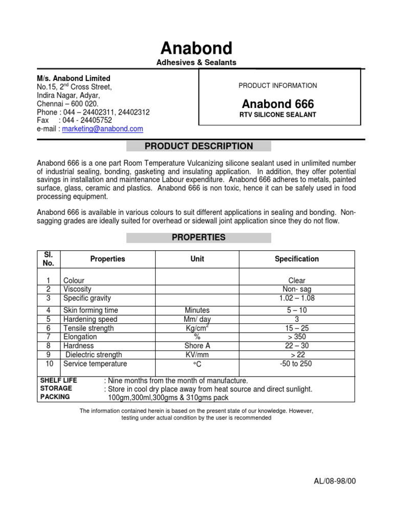Anabond 666 RTV Silicone Sealant PDF PDF Silicone Industrial Processes