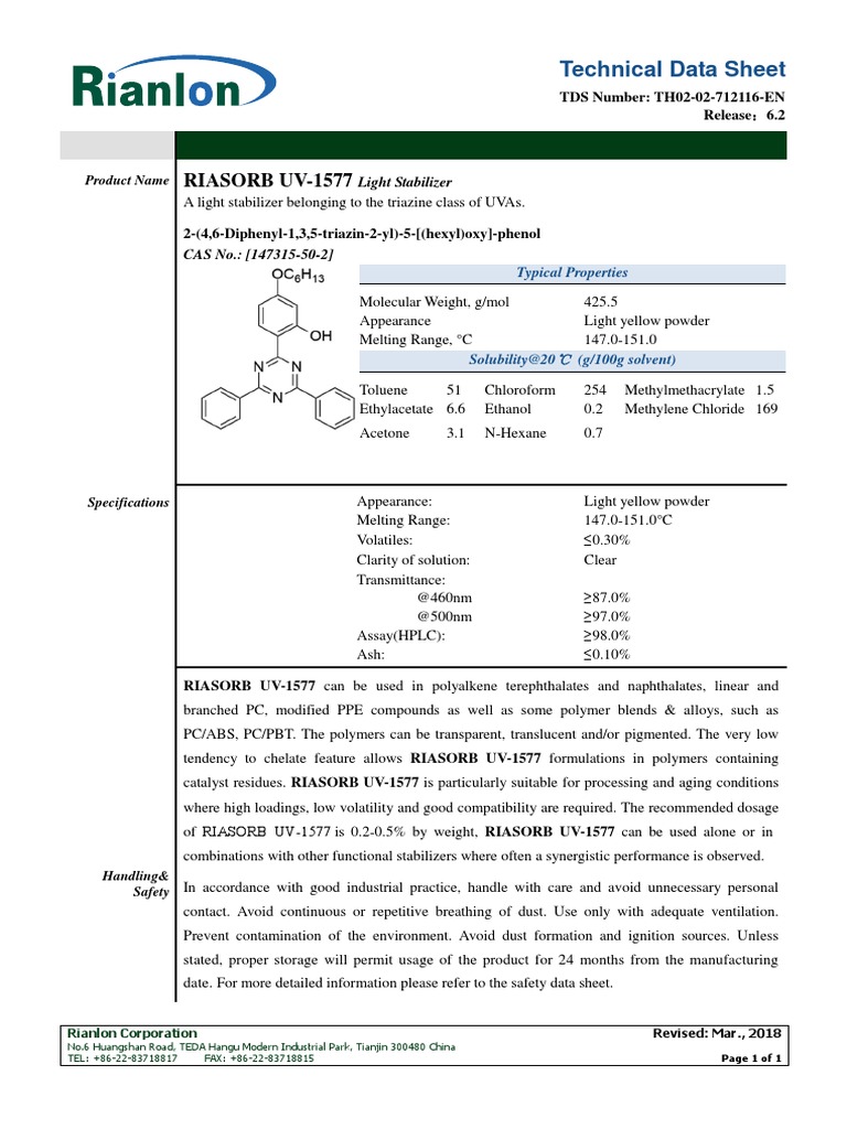 Riasorb Uv-1577 TDS | PDF | Polymers | Solvent