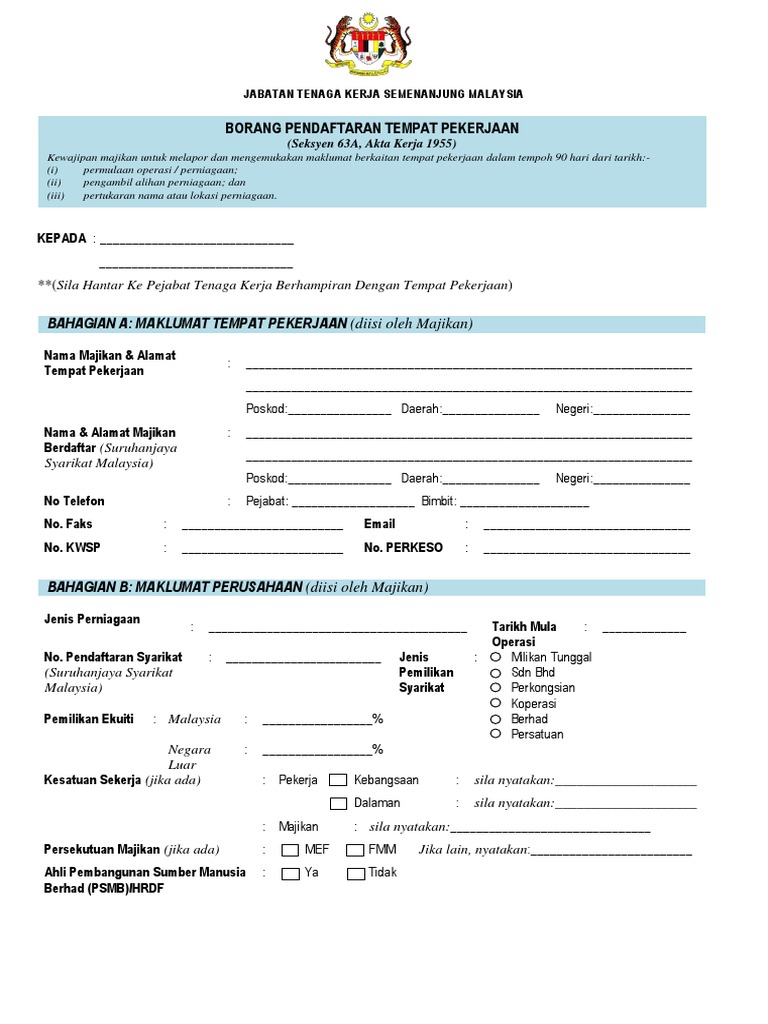 Borang Pendaftaran Tempat Pekerjaan 63a Pdf Pdf