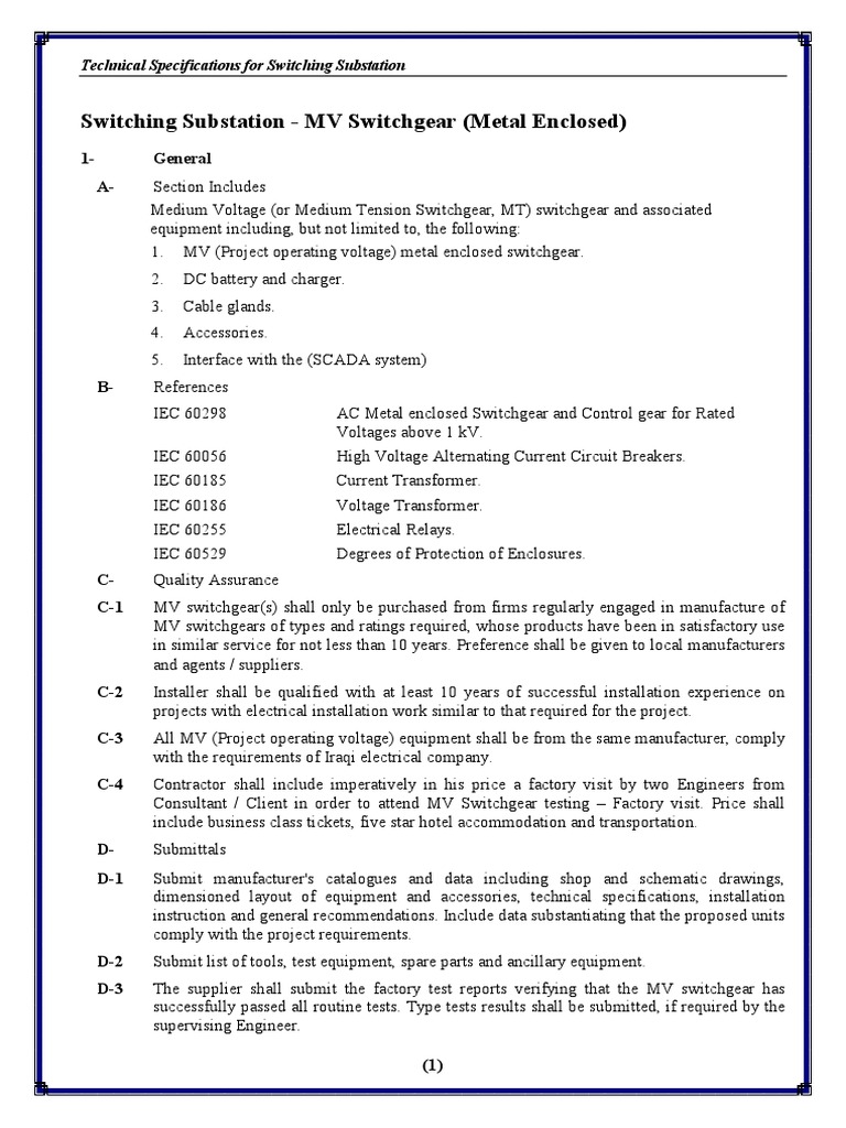 MV Switchgear Specification PDF Electrical Substation Fuse