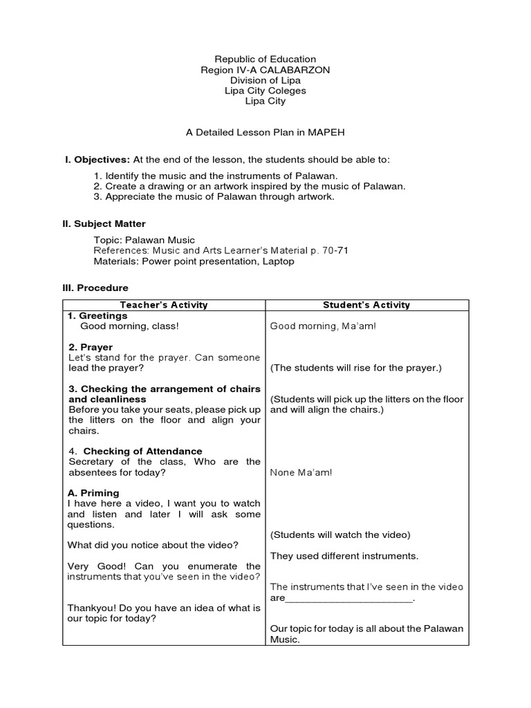 Lesson Plan on Palawan Music and Arts | PDF | Entertainment (General)