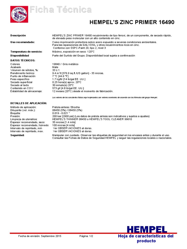 PDS HEMPEL'S ZINC PRIMER 16490 esES PDF Zinc Pintar