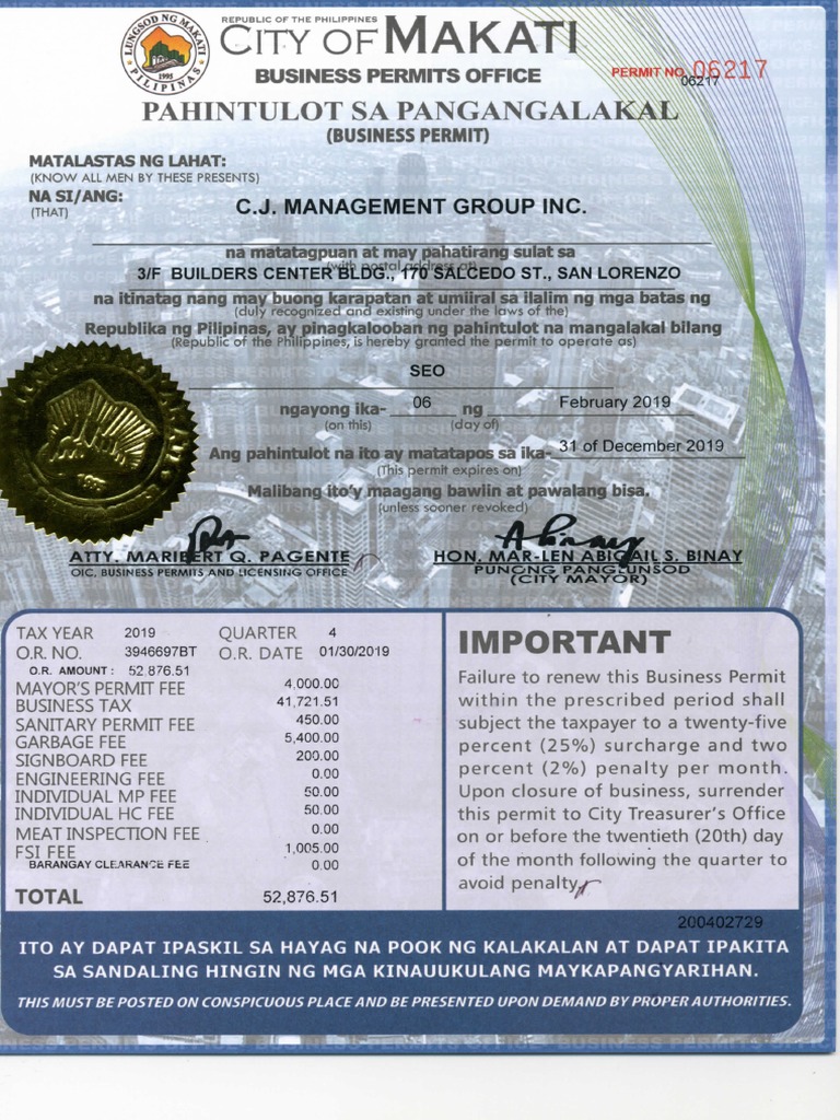 Mayor's Permit for C.J. Management Inc. | PDF | Government Finances ...