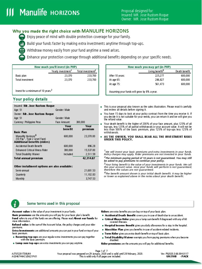 Sample Manulife Proposal PDF Investment Fund Insurance