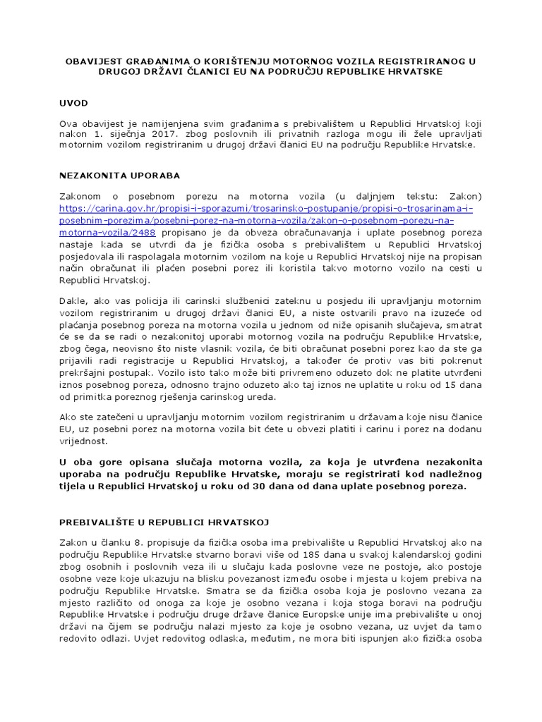 Tko Smije Koristiti Strani Automobil U Hrvatskoj Dokument PDF