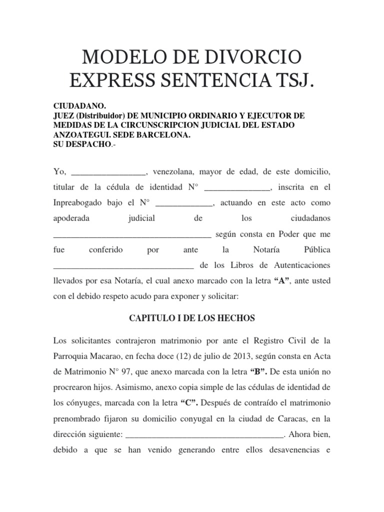 Modelo de Divorcio Express Sentencia TSJ | PDF | Divorcio | Matrimonio
