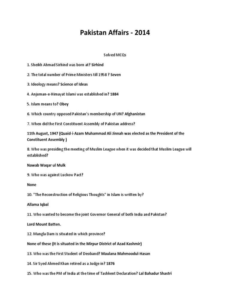 Solved Pak Affairs MCQs 2014 and Onwards | PDF | Politics Of Pakistan ...