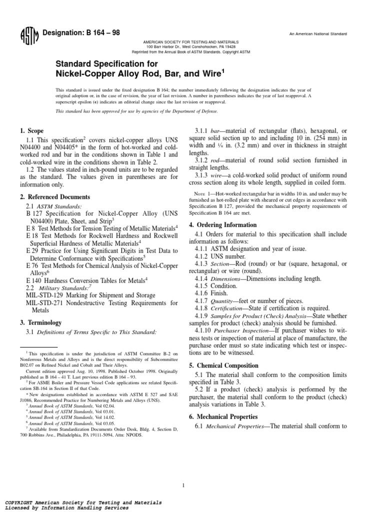 Astm B164 1998 PDF | PDF | Machining | Specification (Technical Standard)