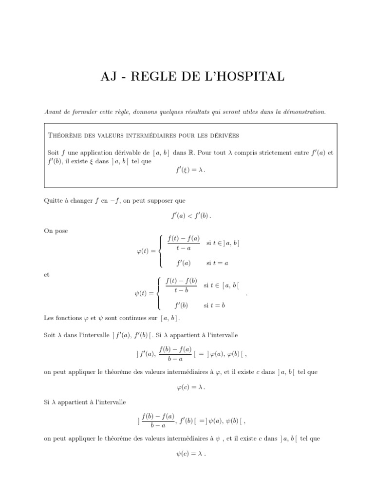 Règle de l'Hôpital Démonstration et Applications PDF Limite — free download
