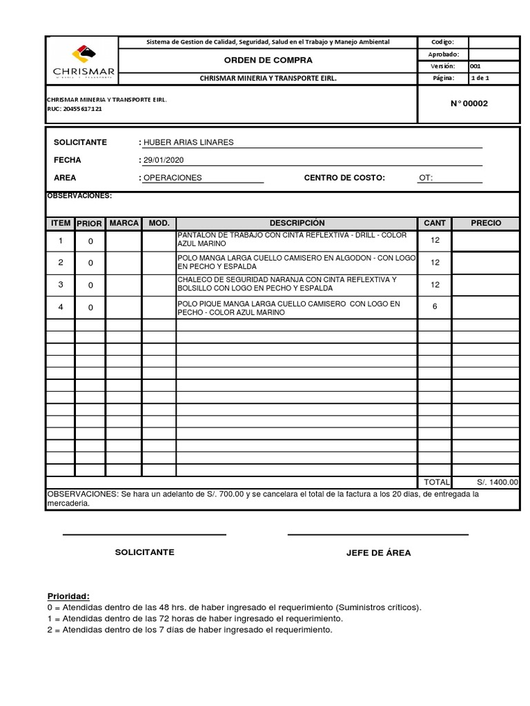CMT Orden de Compra 001-2020 | PDF | Business