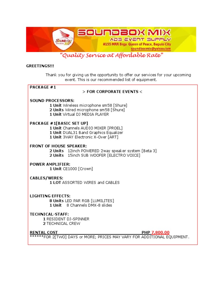 Soundbox Mix Price List Rates For Corportae Events 1 PDF Disc