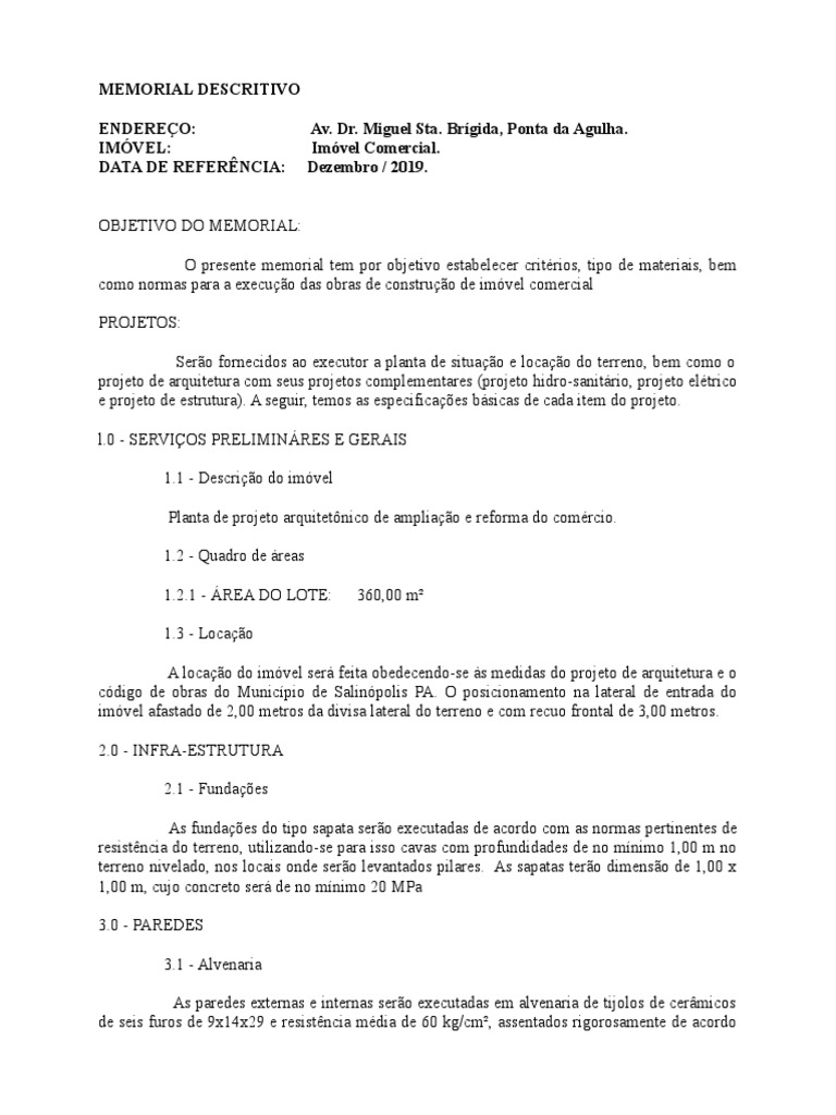 Memorial Descritivo de Imóvel Comercial | PDF | Argamassa (alvenaria ...