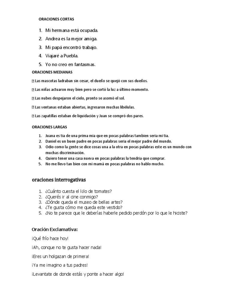 Oraciones Cortas | PDF | Artes del Lenguaje y Comunicación