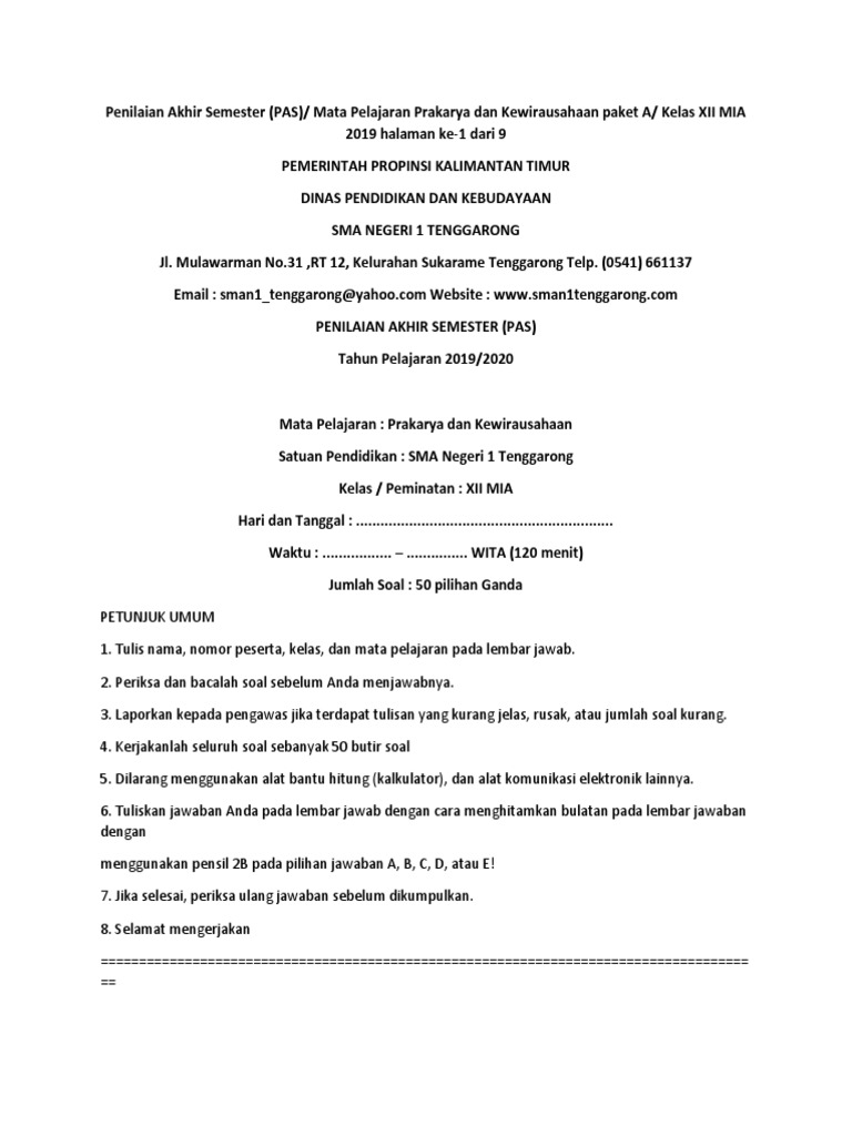 Soal Pkwu Uas Xii Mia