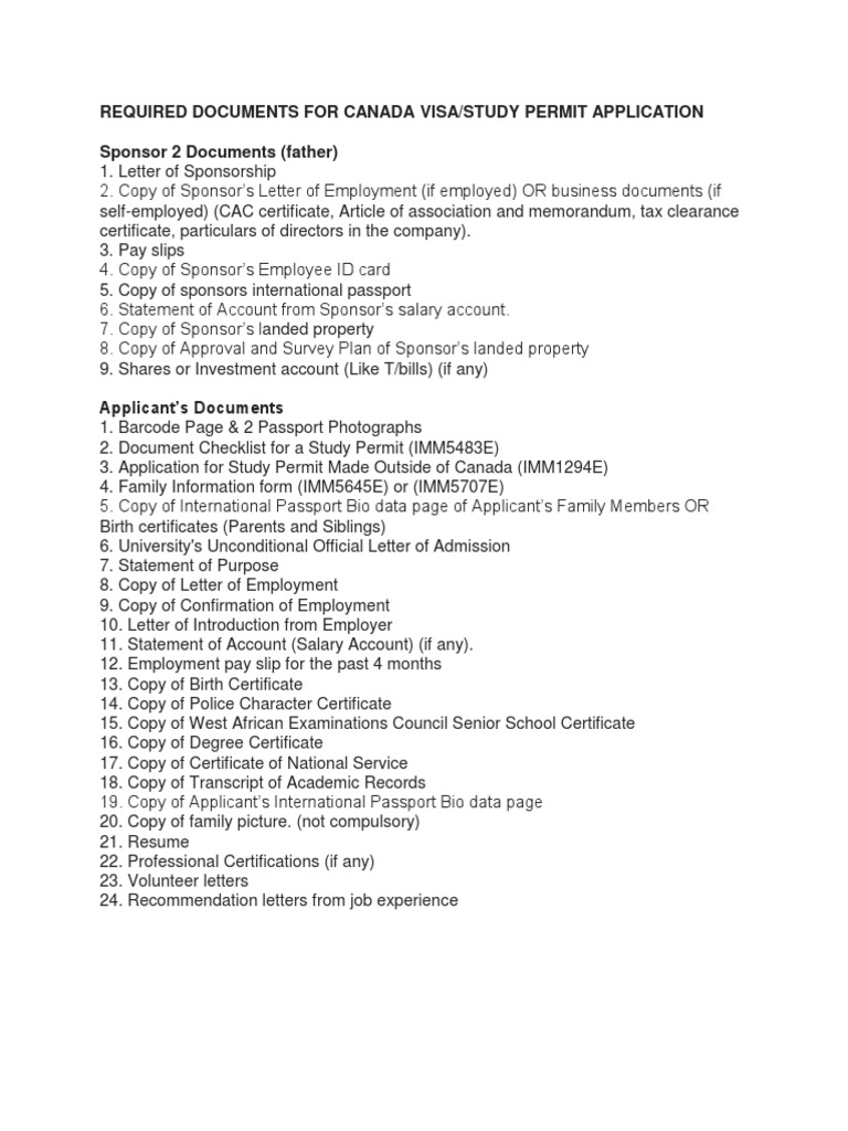 Required Documents For Canada Visa Pdf