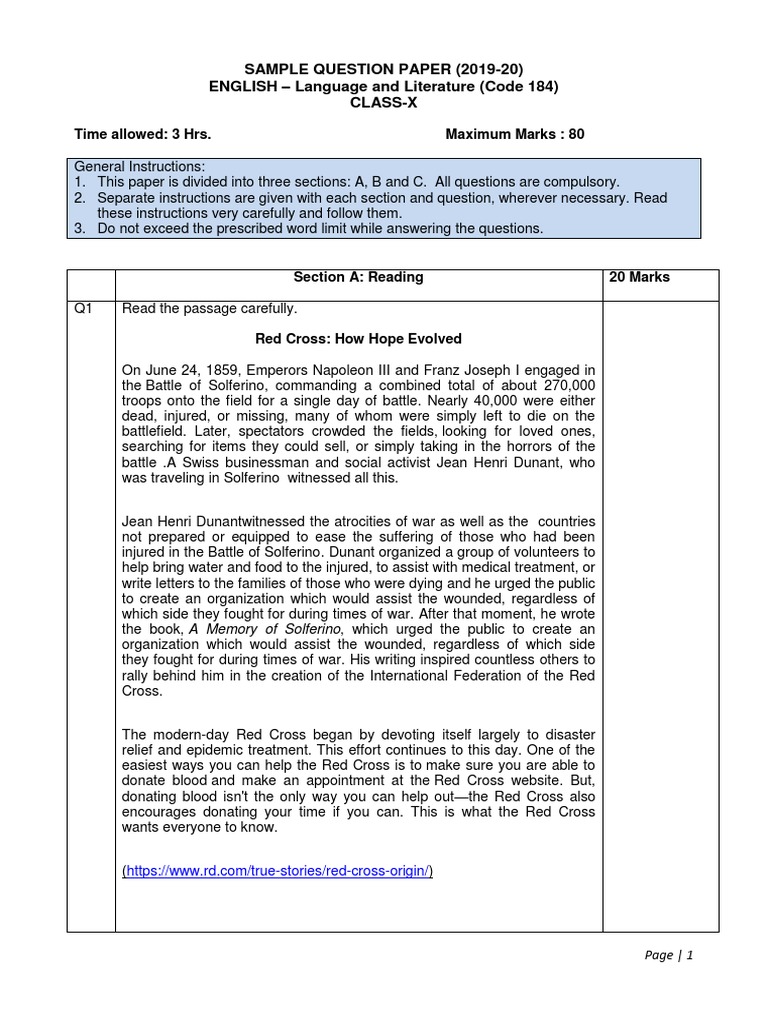 Class X English Sample Question Paper | PDF