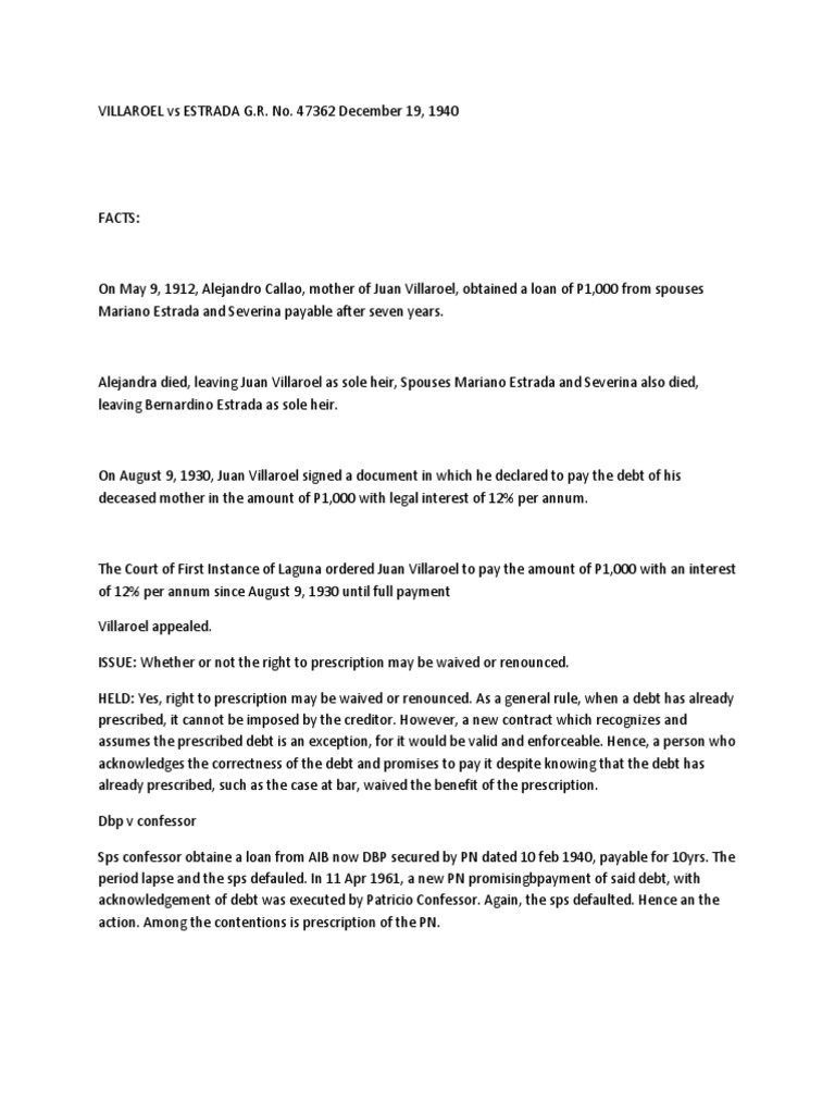 VILLAROEL Vs ESTRADA G PDF Statute Of Limitations Promissory Note