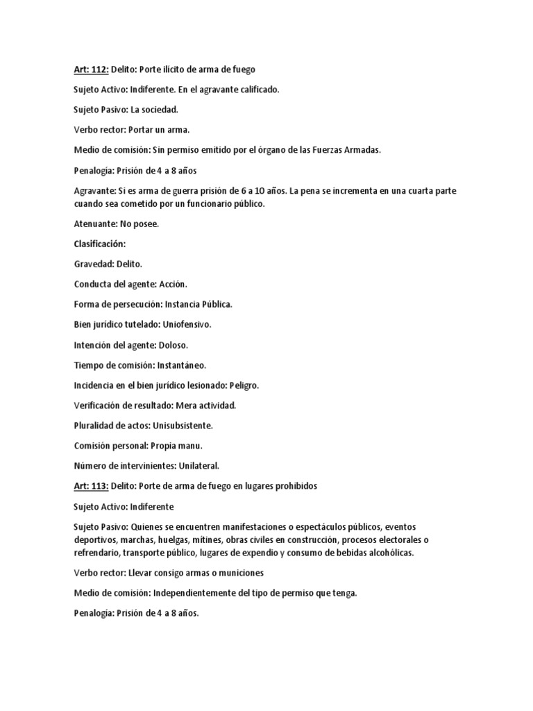 Clasificación de Los Delitos 112 Al 115. Ley para El Desarme y Control