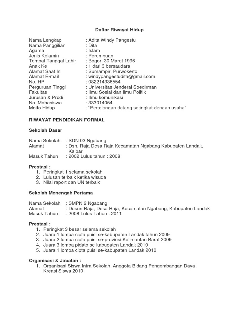 Contoh Surat Daftar Riwayat Hidup
