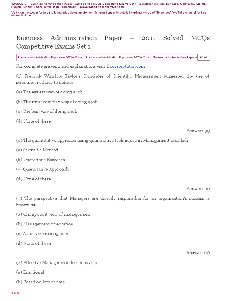 Business Administration Paper 2011 MCQs Set 1 PDF Employee