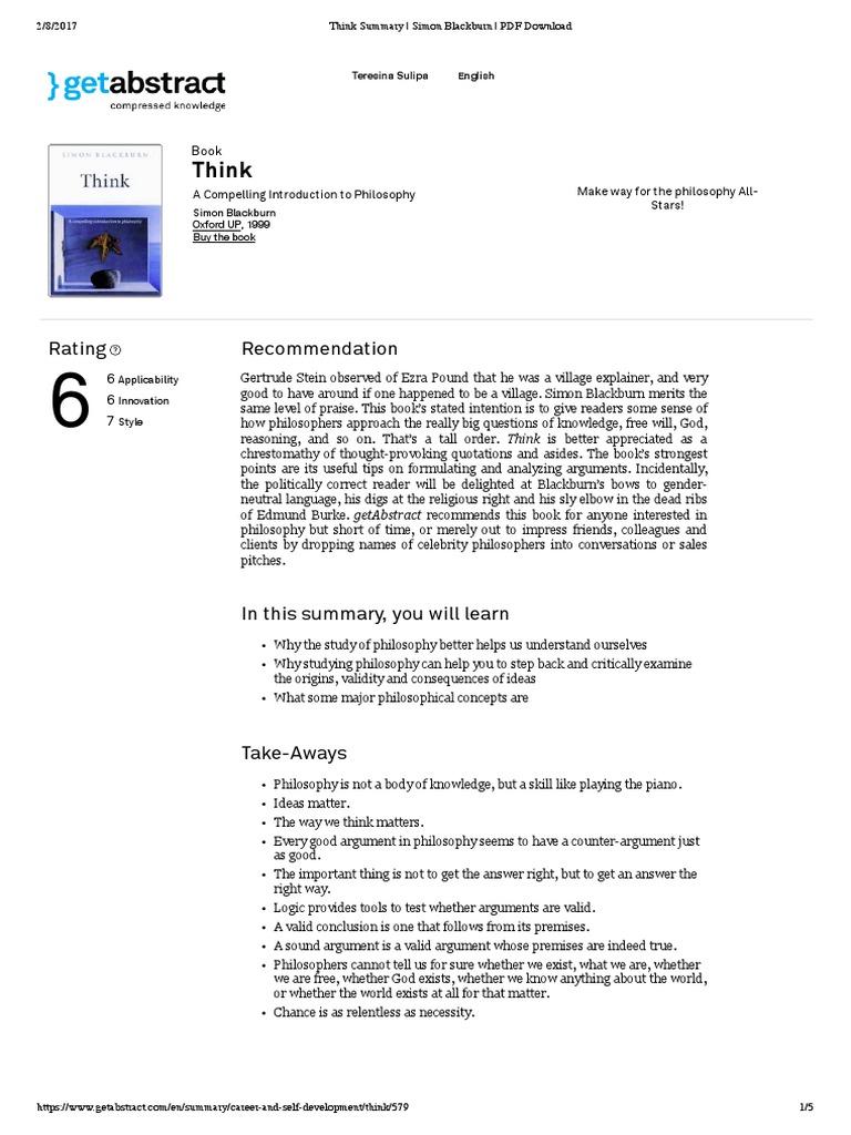 Summary of Simon Blackburn's Think | PDF | Free Will | Determinism