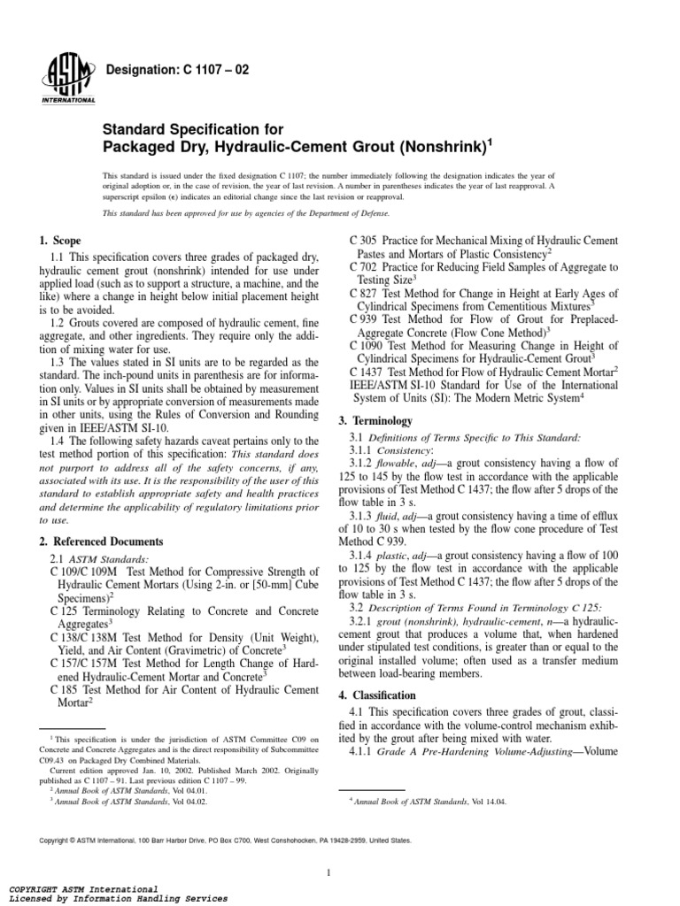 Astm c1107 02 hydraulic cement non shrink grout download free pdf