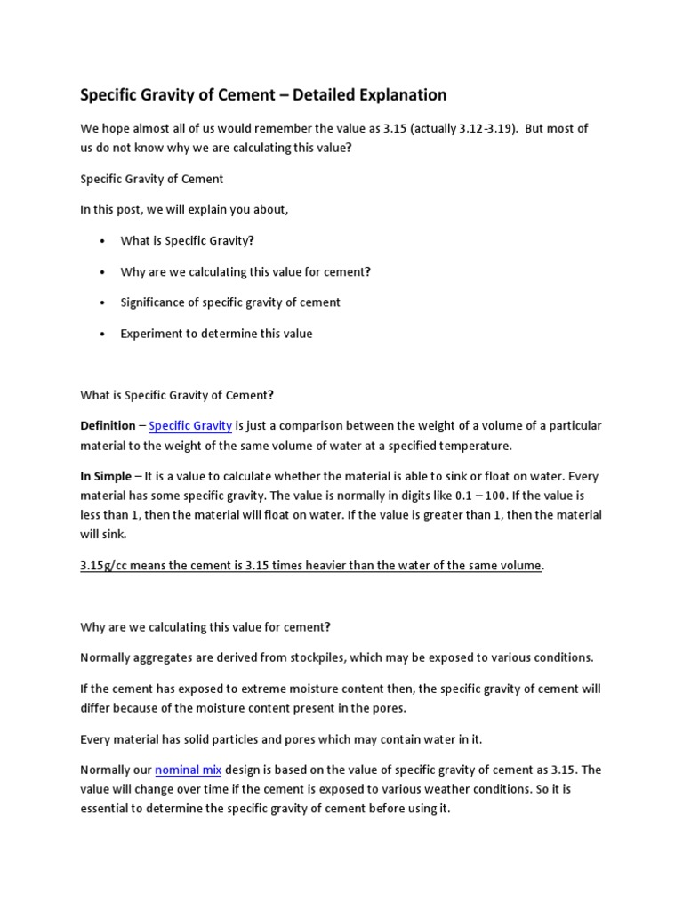 Specific Gravity of Cement Explained | PDF | Density | Cement