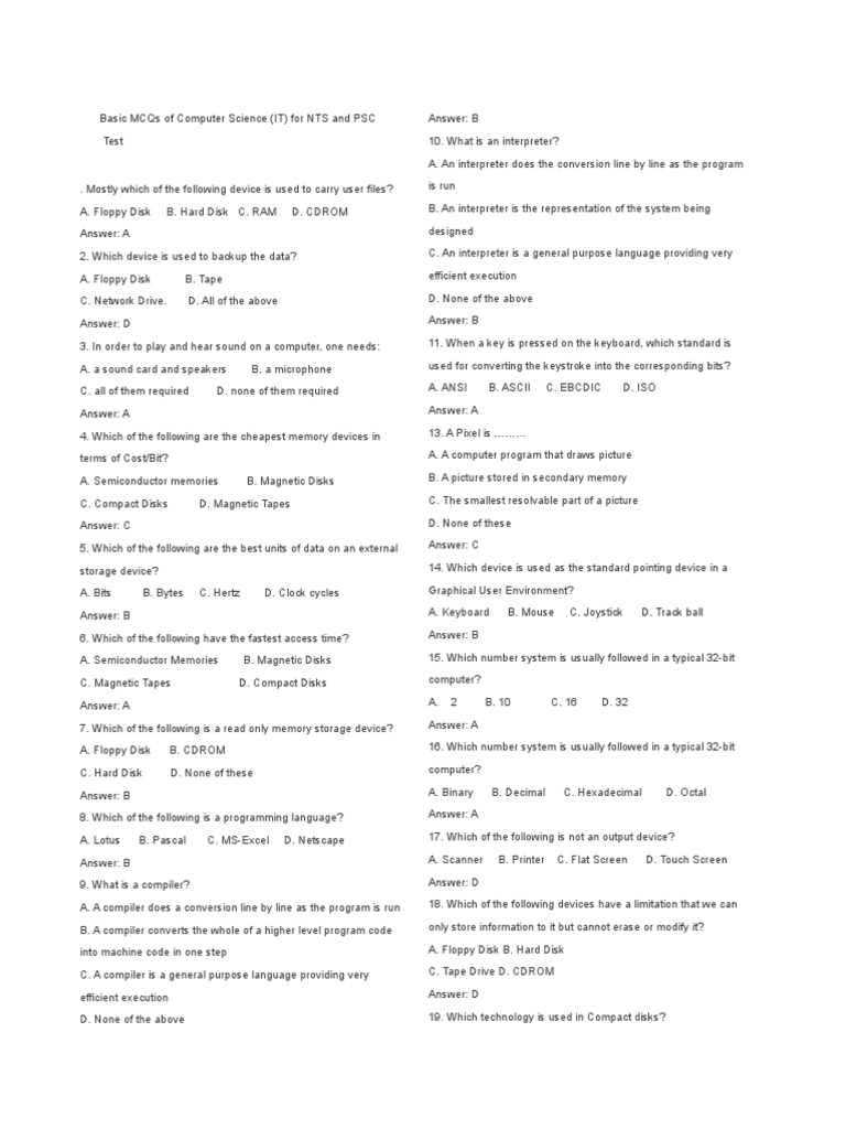 Basic MCQs of Computer Science PDF Floppy Disk Random Access Memory