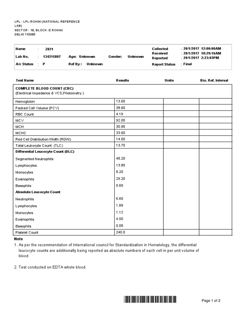 Z021 White Blood Cell Hematology