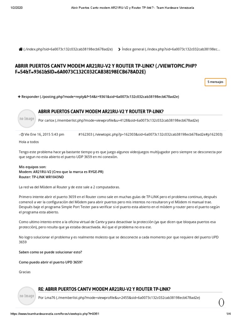 Abrir Puertos Cantv Modem AR21RUV2 y Router TPlink Team Hardware