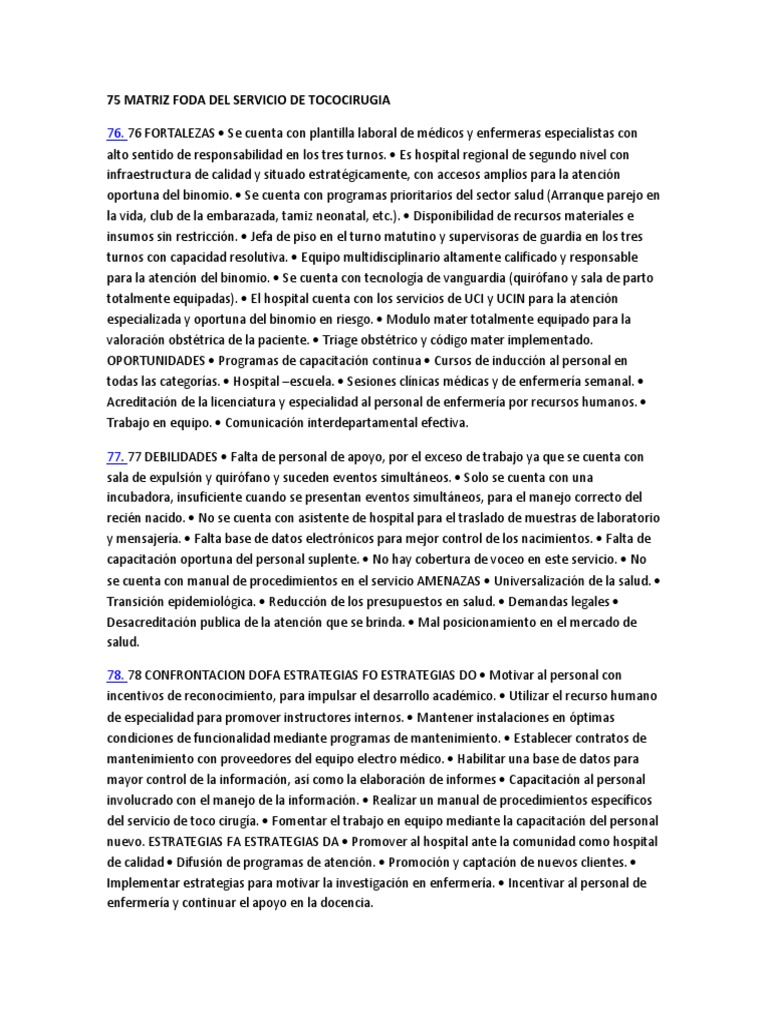75 Matriz Foda Del Servicio De Tococirugia Hospital Infantes