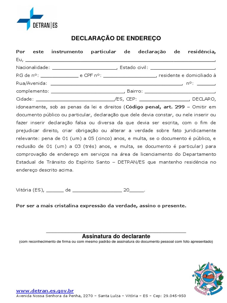 Declaração de Endereço para Detran ES | PDF