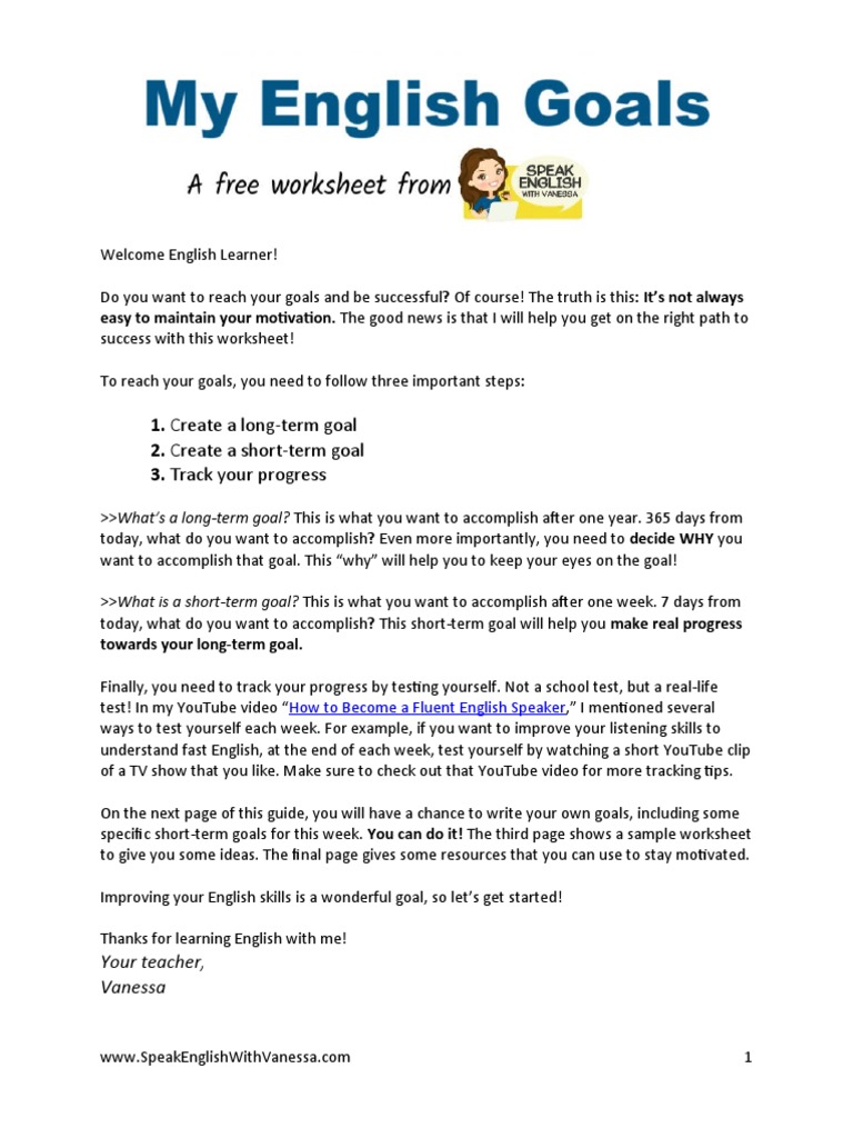 Free English Goals Worksheet Speak English With Vanessa PDF PDF