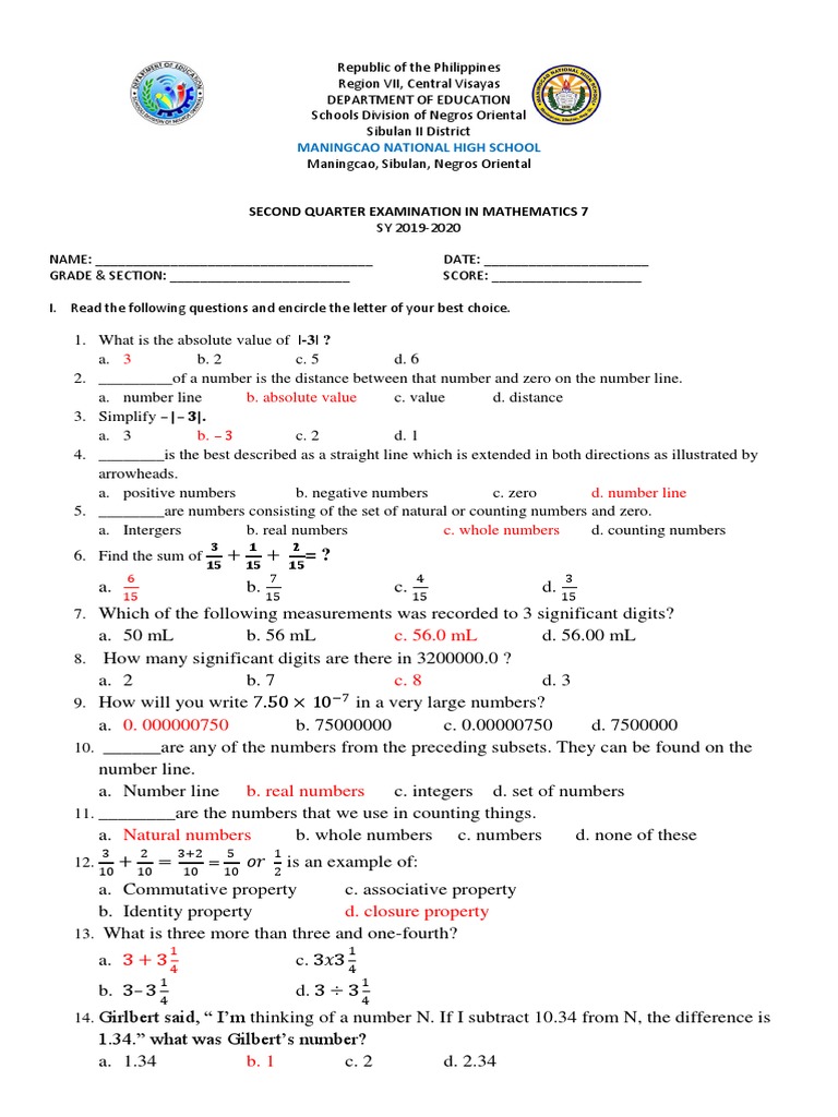 Grade 7 Mathematics 2nd Quarter Exam | PDF | Rational Number | Numbers
