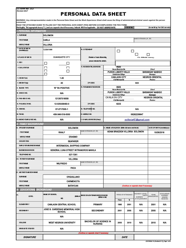 CS Form No. 212 Personal Data Sheet Revised PDF Passport Nursing