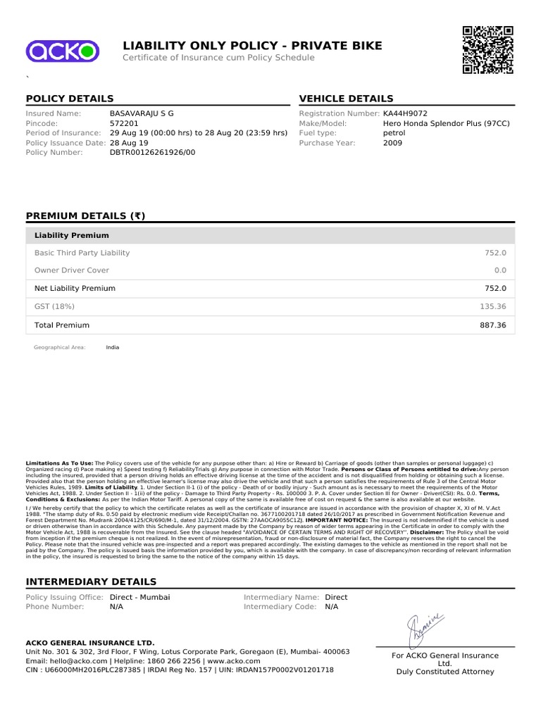 Acko Bike Policy Dbtr00126261926 00 Vehicle Insurance Insurance