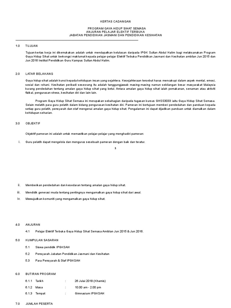 Kertas Kerja Program Gaya Hidup Sihat Elektif Terbuka Pdf