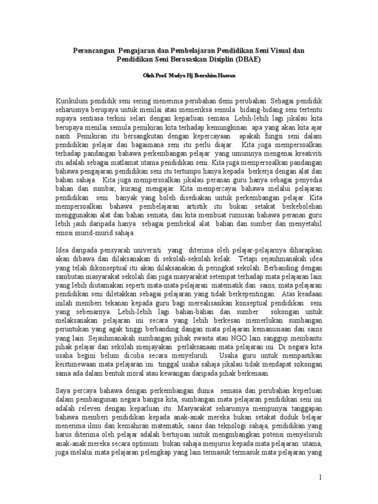 Perancangan Pengajaran Dan Pembelajaran Pendidikan Seni Visual Dan Pendidikan Seni Berasaskan Disiplin Dbae Pdf