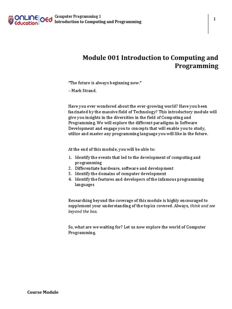 Week 1, Lesson 1 - Introduction To Computing and Programming | PDF ...