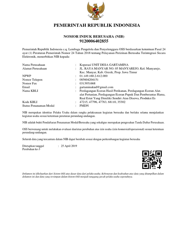 Contoh NIB Koperasi UNIT DESA GARTAMINA | PDF