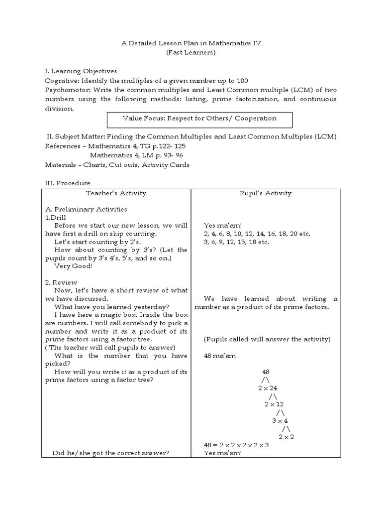 LCM Lesson Plan for Grade 4 Students | PDF | Behavior Modification ...