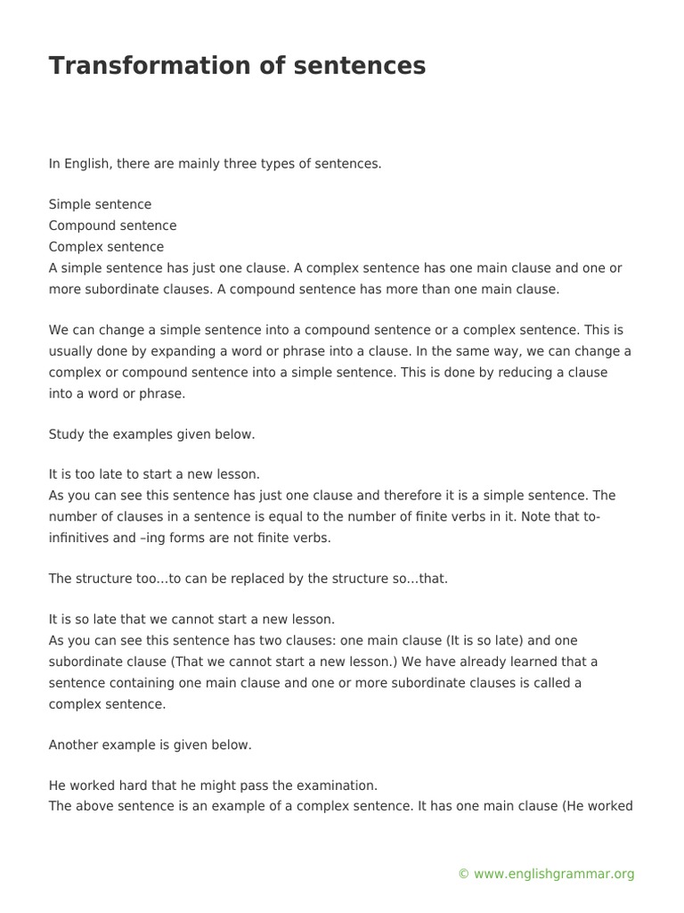Transformation of Sentences PDF | PDF | Language Arts & Discipline ...