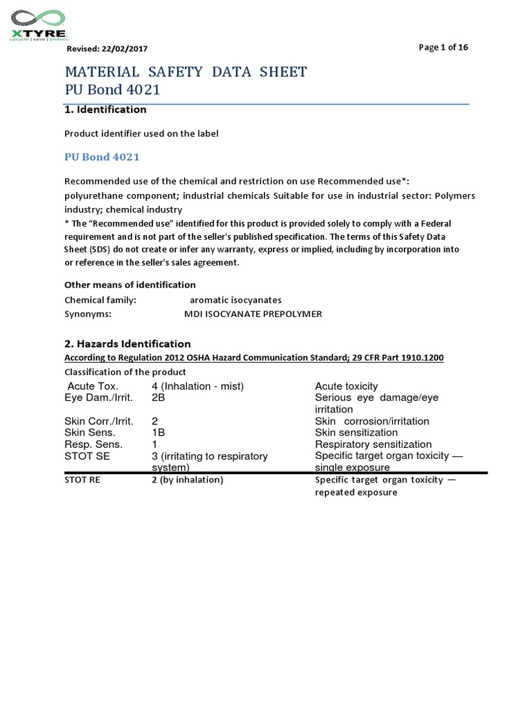 Polyurethane MSDS P U Bond 4021 Rev 03 PDF Firefighting Toxicity