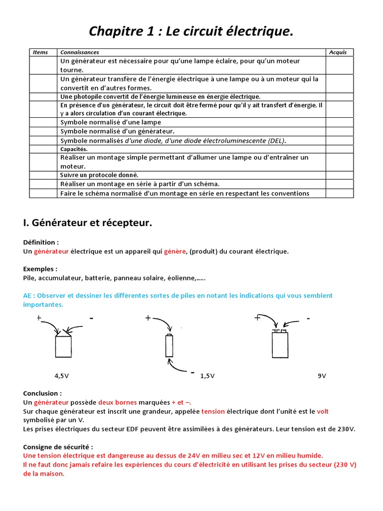 Fais Le Schéma D un Circuit électrique Constitué Des Mêmes Récepteurs 5 Elec Chap1 PDF | PDF | Réseau électrique | Générateur électrique