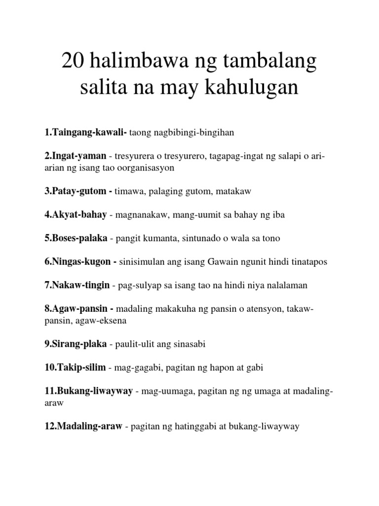 20 Halimbawa Ng Tambalang Salita Na May Kahulugan Pdf