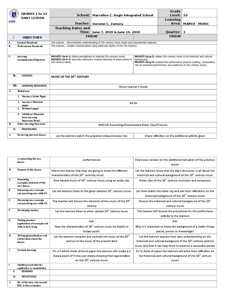 MAPEH 10 Lesson Plan | PDF | Physical Education | Learning