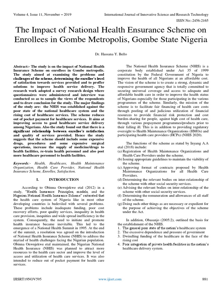 The Impact of National Health Ensurance Scheme On Enrollees in Gombe ...