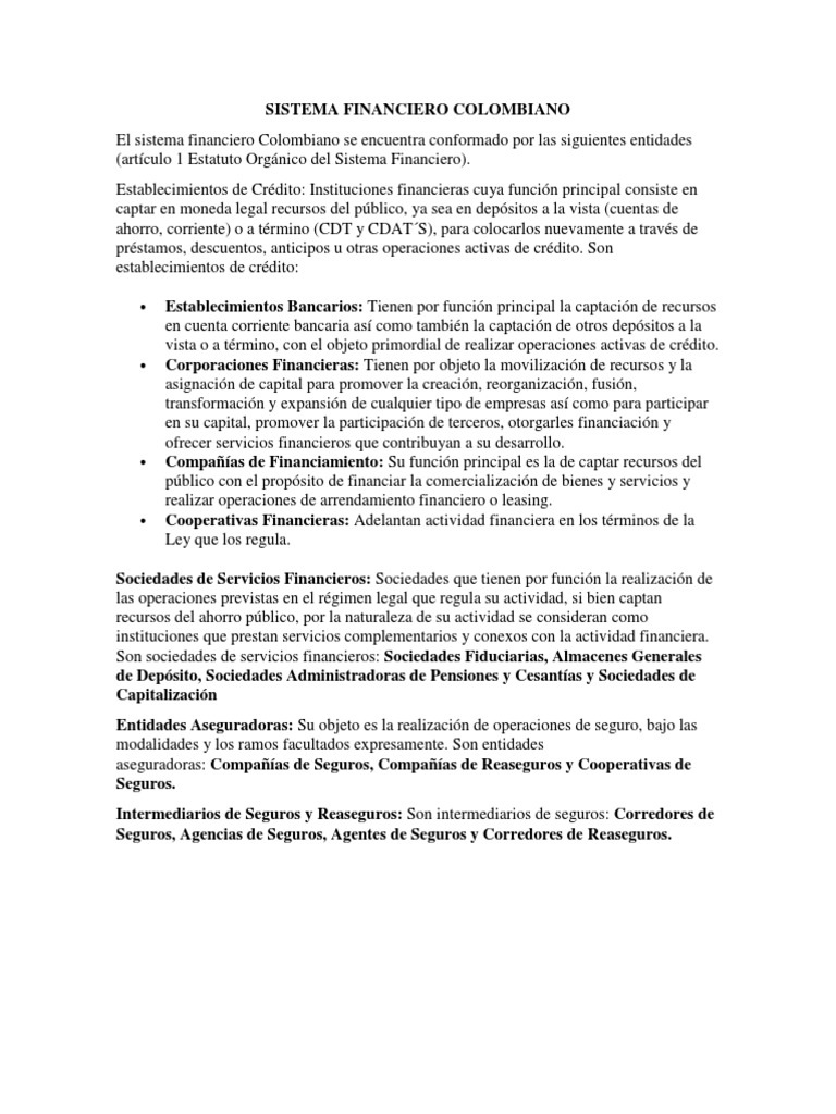 Estructura del Sistema Financiero Colombiano | PDF | Sistema financiero ...